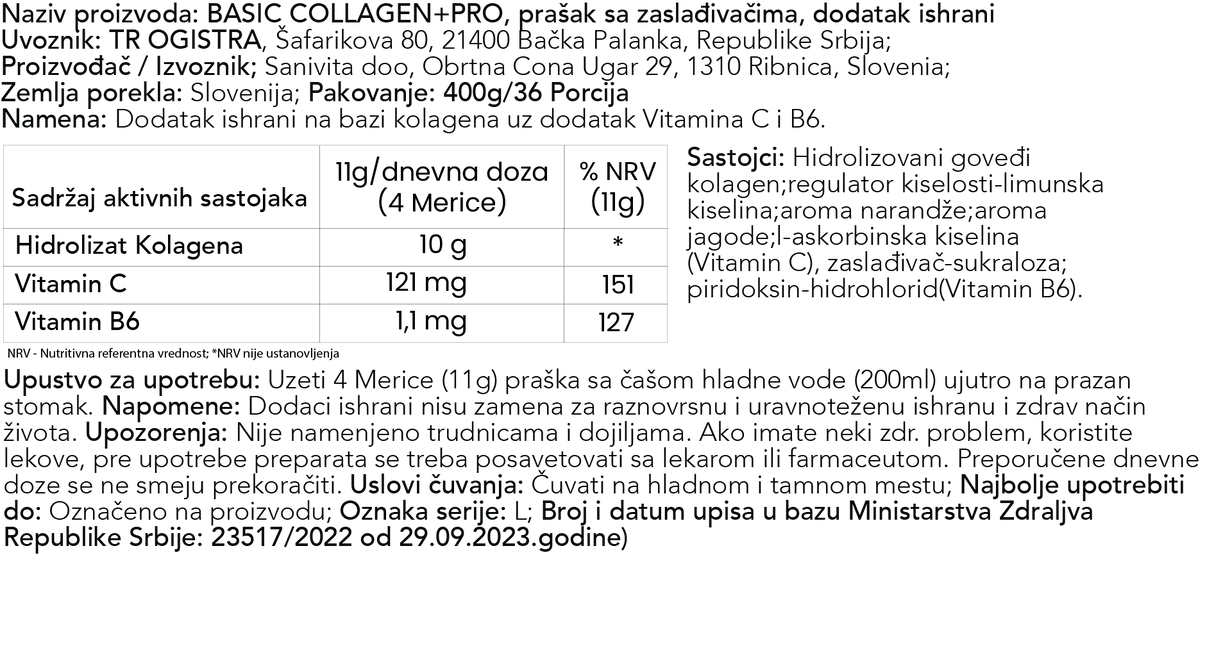 Basic Supplements Collagen PRO 400g – Podrška Koži, Zglobovima i Kostima