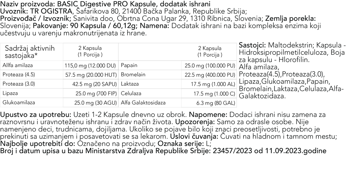Basic Supplements Digestive PRO, 90 Kapsula – Podrška Varenju sa Enzimima