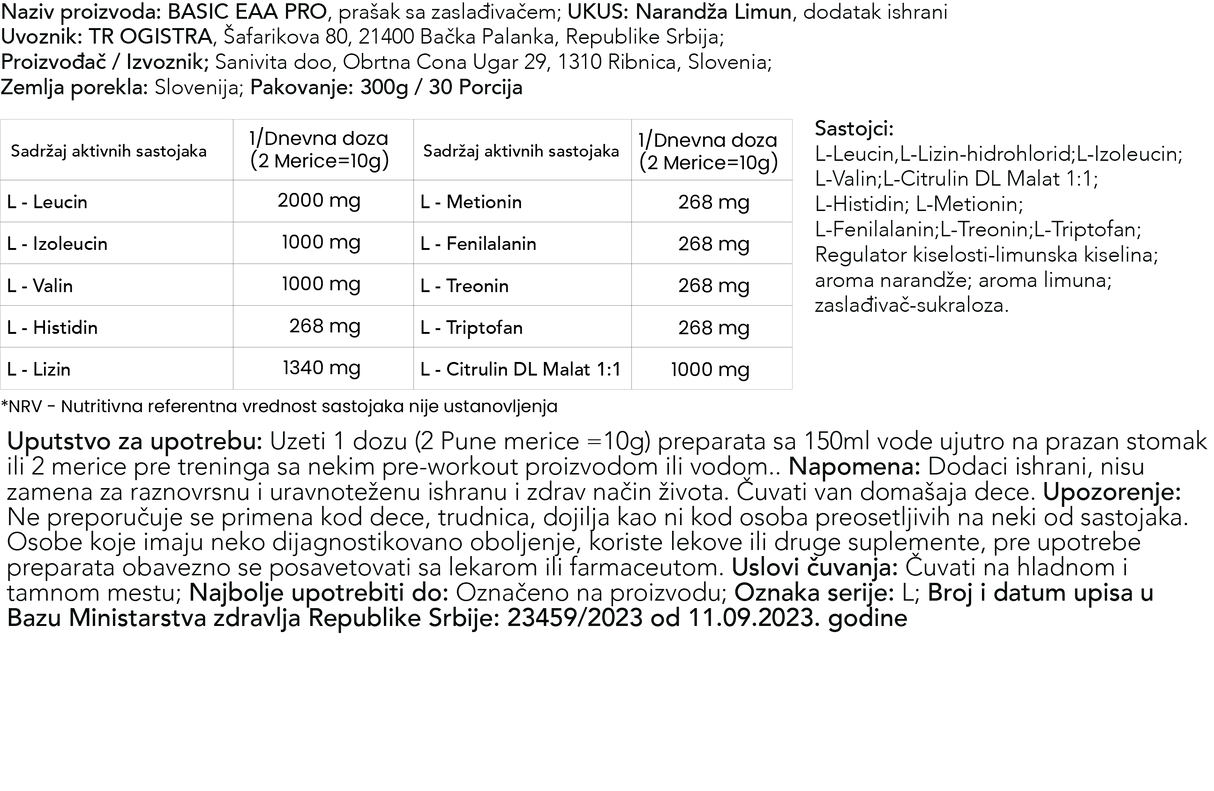Basic Supplements EAA PRO 300g – Esencijalne Aminokiseline za Mišićni Oporavak
