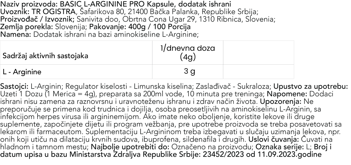 Basic Supplements L-Arginine PRO 400g – Podrška Energiji i Cirkulaciji