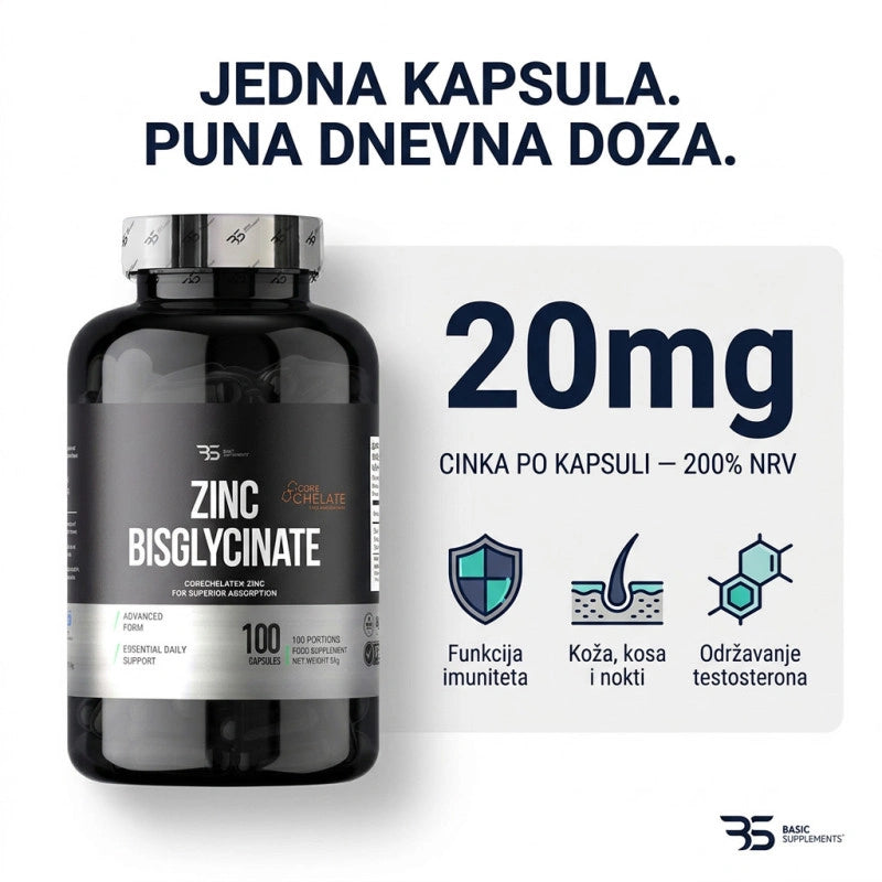 Basic Supplements Cink Bisglicinat 20 mg – 100 kapsula