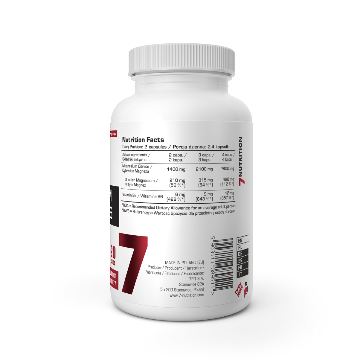 7Nutrition Magnesium Citrate + B6, 120 Kapsula – Podrška Mišićima i Nervnom Sistem