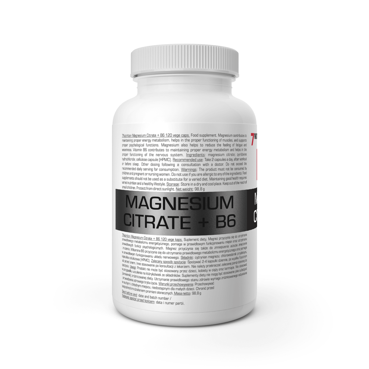 7Nutrition Magnesium Citrate + B6, 120 Kapsula – Podrška Mišićima i Nervnom Sistem